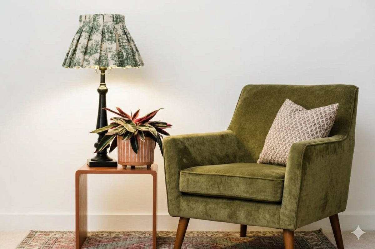 Green Toile Box Pleat Lampshade Cover (Frame included)